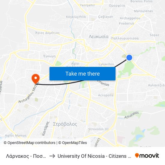 Λάρνακος - Ποσειδώνος to University Of Nicosia - Citizens Free University map