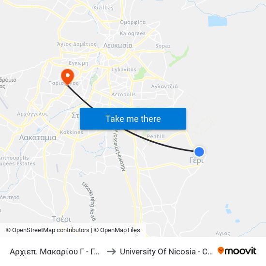 Αρχιεπ. Μακαρίου Γ to University Of Nicosia - Citizens Free University map