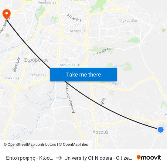 Επιστροφής to University Of Nicosia - Citizens Free University map