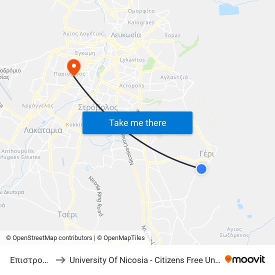 Επιστροφής to University Of Nicosia - Citizens Free University map