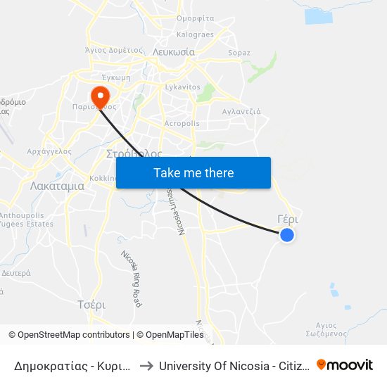 Δημοκρατίας to University Of Nicosia - Citizens Free University map