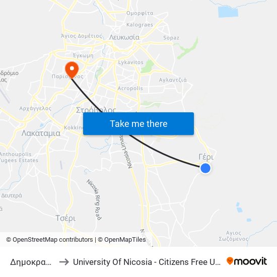 Δημοκρατίας to University Of Nicosia - Citizens Free University map