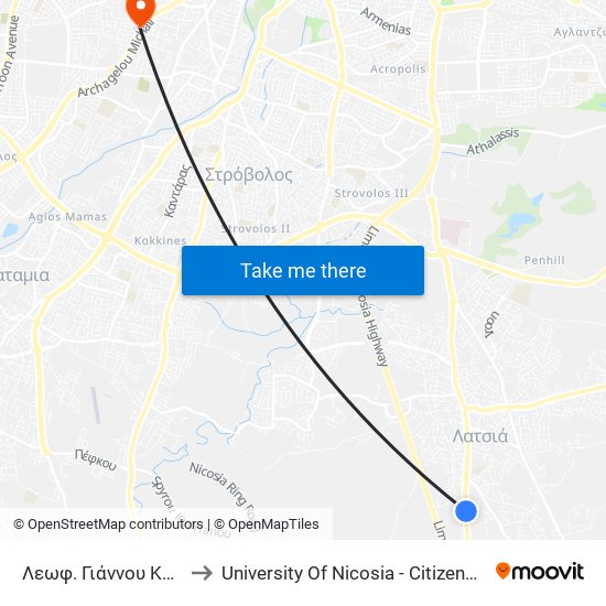 Λεωφ. Γιάννου Κρανιδιώτη to University Of Nicosia - Citizens Free University map