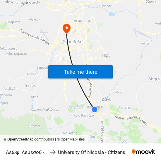 Λεωφ. Λεμεσού - Κίμωνος to University Of Nicosia - Citizens Free University map