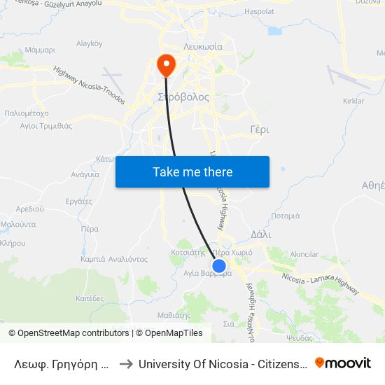 Λεωφ. Γρηγόρη Αυξεντίου to University Of Nicosia - Citizens Free University map