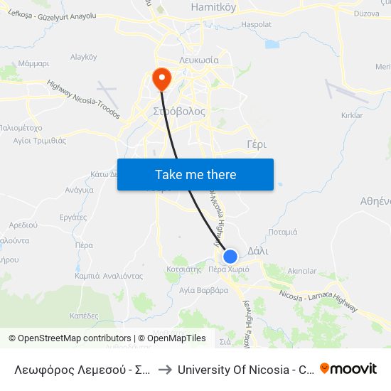 Λεωφόρος Λεμεσού - Στέλιου Χριστοδούλου to University Of Nicosia - Citizens Free University map