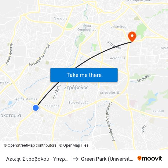 Λεωφ. Στροβόλου - Υπεραγορά Μετρο to Green Park (University of Cyprus) map