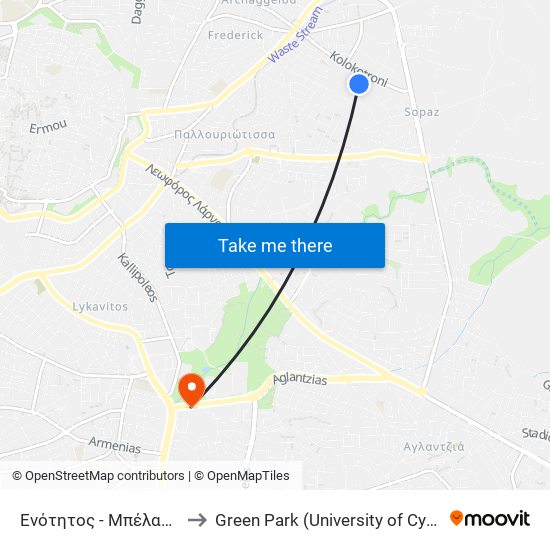 Ενότητος - Μπέλαπαϊς to Green Park (University of Cyprus) map