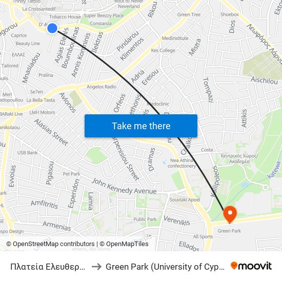 Πλατεία Ελευθερίας to Green Park (University of Cyprus) map