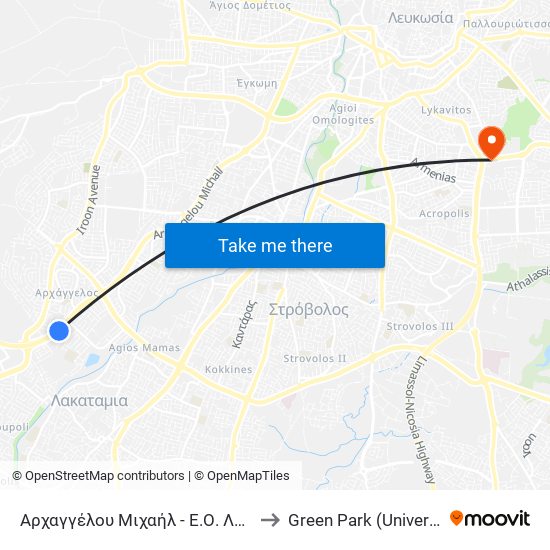 Αρχαγγέλου Μιχαήλ - Ε.Ο. Λευκωσίας - Τροόδους to Green Park (University of Cyprus) map