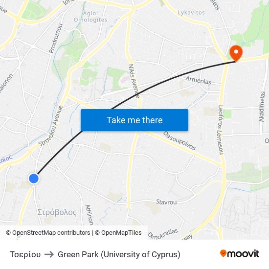 Τσερίου to Green Park (University of Cyprus) map