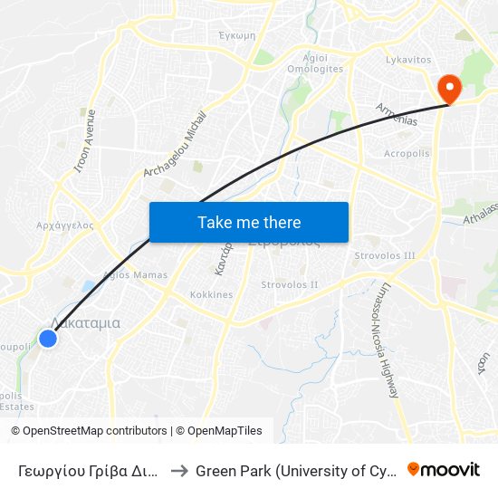 Γεωργίου Γρίβα Διγενή to Green Park (University of Cyprus) map