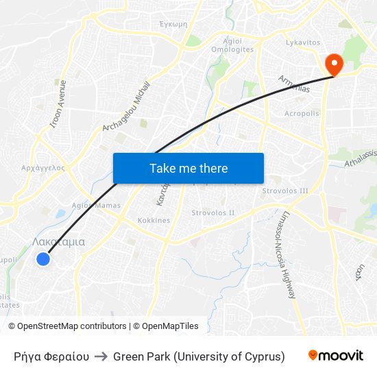 Ρήγα Φεραίου to Green Park (University of Cyprus) map