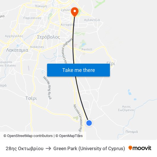 28ης Οκτωβρίου to Green Park (University of Cyprus) map