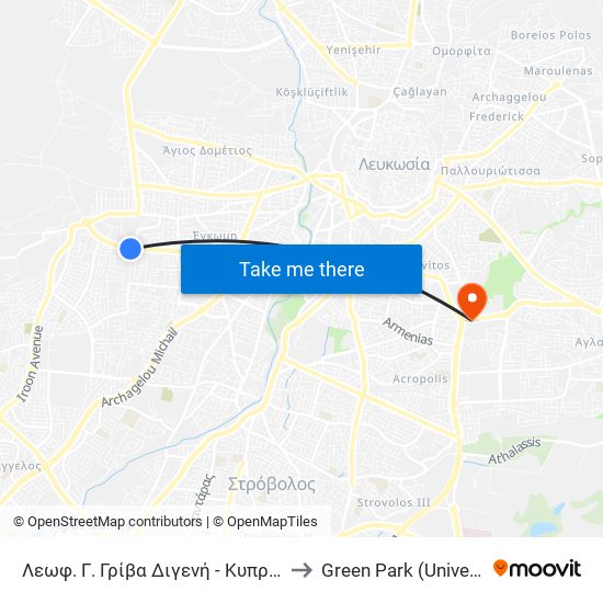 Λεωφ. Γ. Γρίβα Διγενή - Κυπρ. Ομοσπ. Ποδοσφαίρου to Green Park (University of Cyprus) map