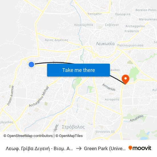 Λεωφ. Γρίβα Διγενή - Βιομ. Αγ. Δομετίου-Έγκωμης 1 to Green Park (University of Cyprus) map
