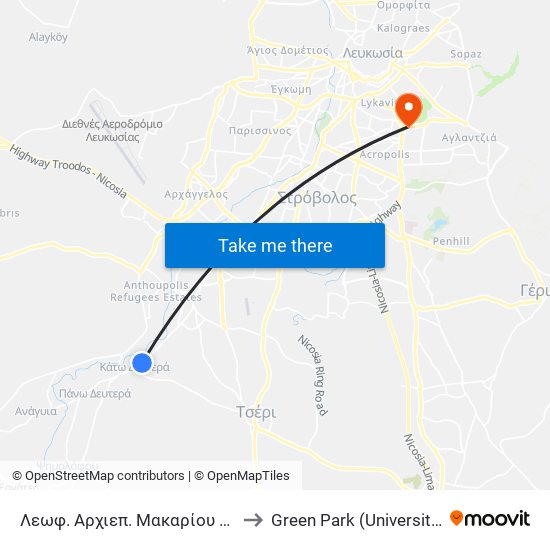 Λεωφ. Αρχιεπ. Μακαρίου Γ - Φώτη Πίττα to Green Park (University of Cyprus) map
