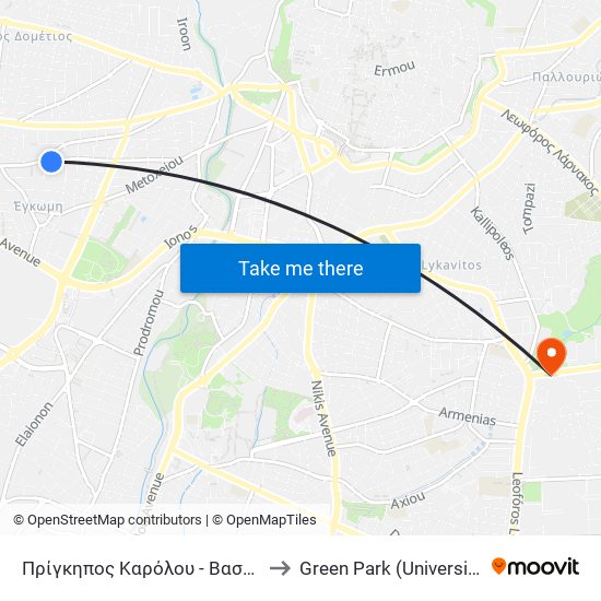 Πρίγκηπος Καρόλου - Βασιλέως Γεωργίου to Green Park (University of Cyprus) map