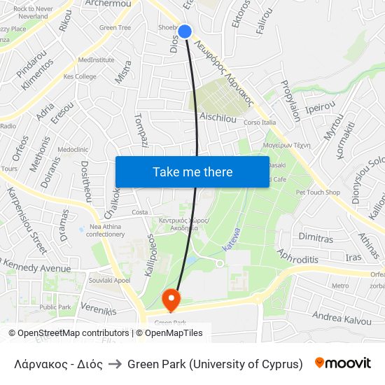 Λάρνακος to Green Park (University of Cyprus) map