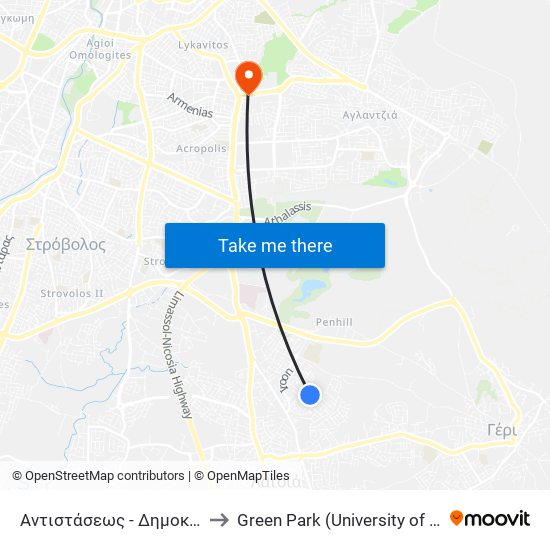 Αντιστάσεως - Δημοκρατίας to Green Park (University of Cyprus) map