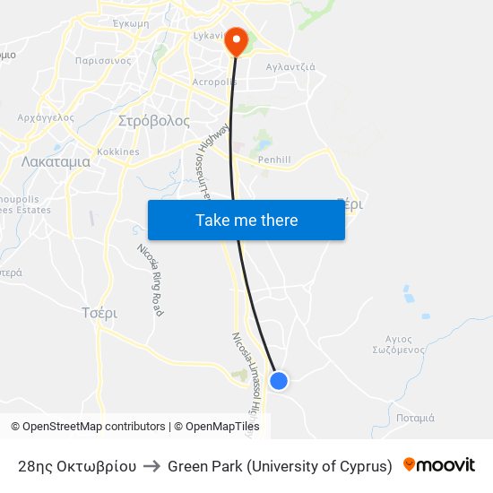 28ης Οκτωβρίου to Green Park (University of Cyprus) map