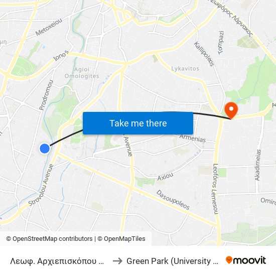 Λεωφ. Αρχιεπισκόπου Κυπριανού to Green Park (University of Cyprus) map