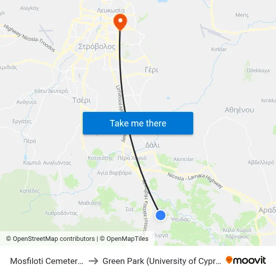Mosfiloti Cemetery 2 to Green Park (University of Cyprus) map