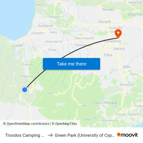 Troodos Camping Site to Green Park (University of Cyprus) map