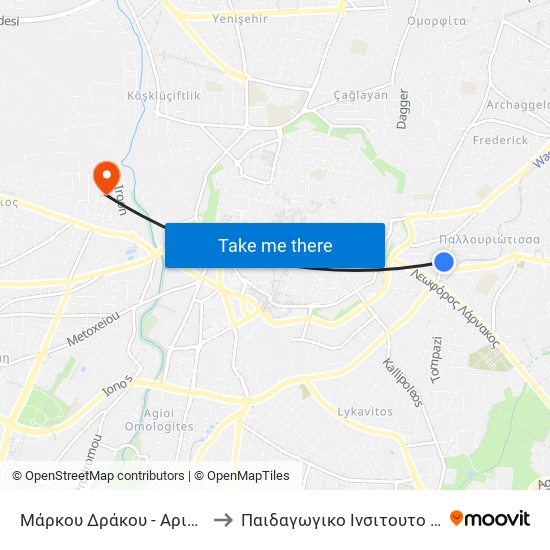 Μάρκου Δράκου - Αριστείδου to Παιδαγωγικο Ινσιτουτο Κυπρου map