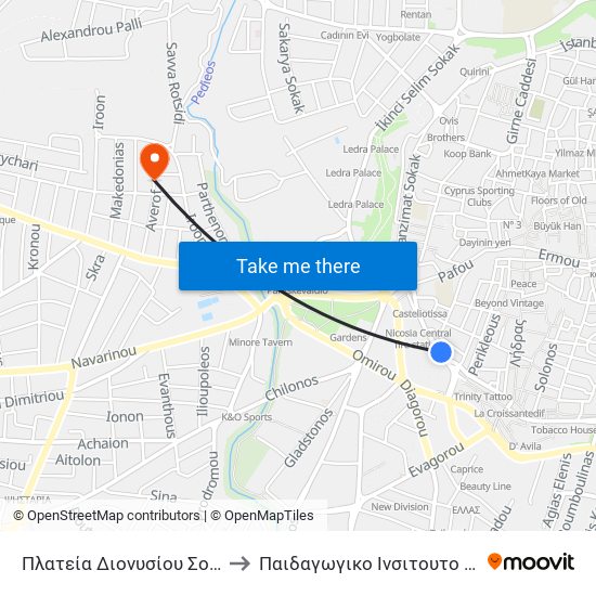 Πλατεία Διονυσίου Σολωμού to Παιδαγωγικο Ινσιτουτο Κυπρου map