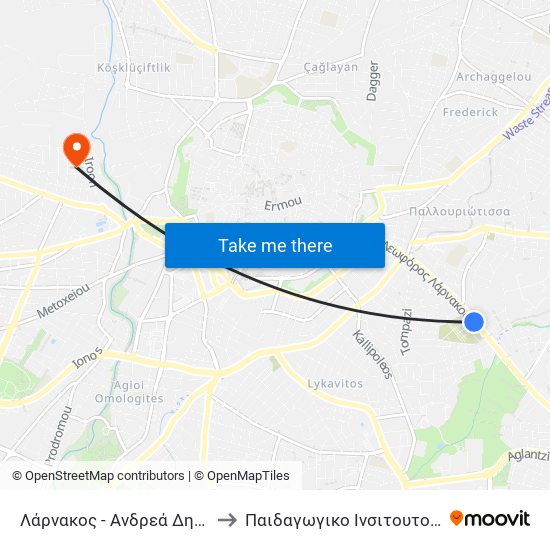Λάρνακος - Ανδρεά Δημητρίου to Παιδαγωγικο Ινσιτουτο Κυπρου map