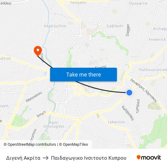 Διγενή Ακρίτα to Παιδαγωγικο Ινσιτουτο Κυπρου map