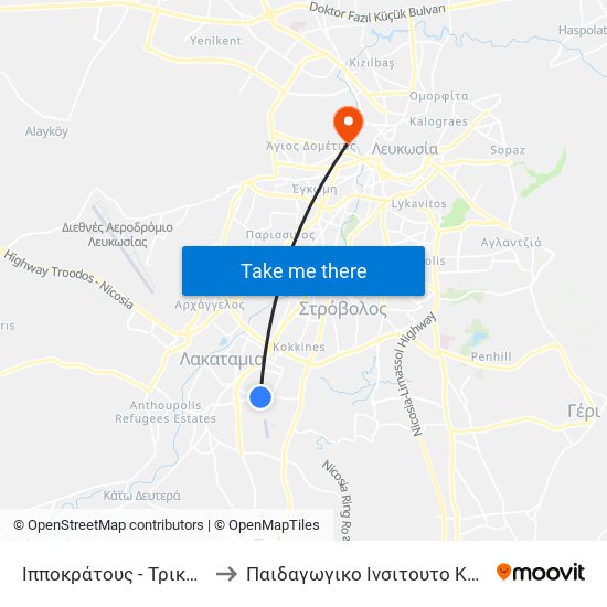 Ippokratous - Trikomou to Παιδαγωγικο Ινσιτουτο Κυπρου map