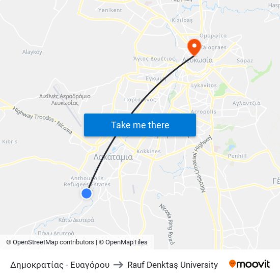 Δημοκρατίας - Ευαγόρου to Rauf Denktaş University map