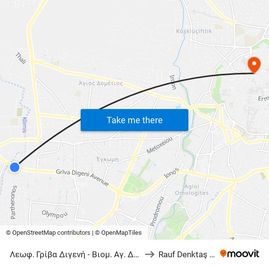 Λεωφ. Γρίβα Διγενή - Βιομ. Αγ. Δομετίου-Έγκωμης 1 to Rauf Denktaş University map