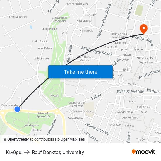 Κινύρα to Rauf Denktaş University map