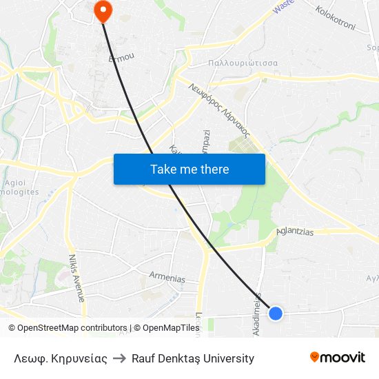 Λεωφ. Κηρυνείας to Rauf Denktaş University map