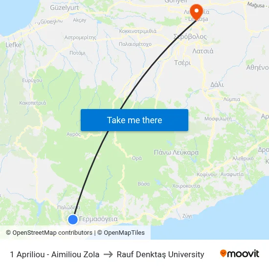 1 Apriliou - Aimiliou Zola to Rauf Denktaş University map