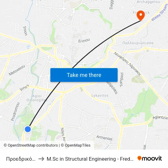 Προεδρικό Μέγαρο to M.Sc in Structural Engineering - Frederick University Cyprus map