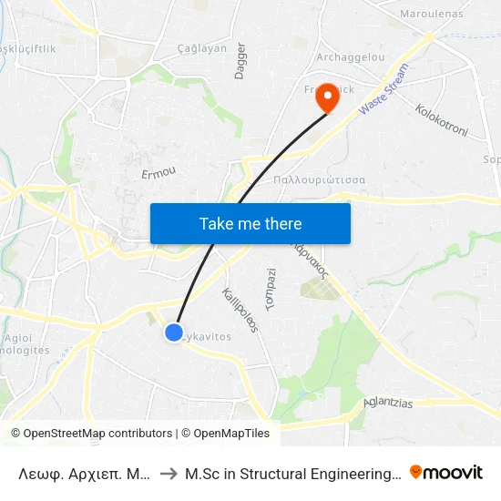 Λεωφ. Αρχιεπ. Μακαρίου Γ' - Νάξου to M.Sc in Structural Engineering - Frederick University Cyprus map