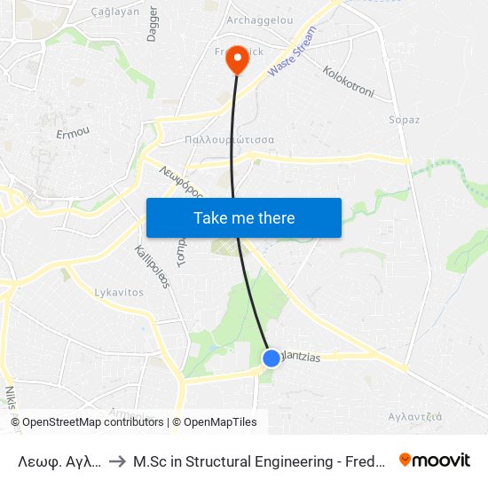 Λεωφ. Αγλαντζιάς to M.Sc in Structural Engineering - Frederick University Cyprus map