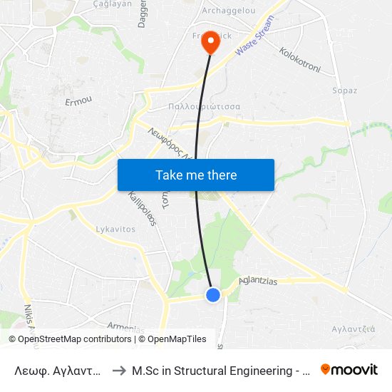 Λεωφ. Αγλαντζιάς - Α.Ξ.Ι.Κ. 1 to M.Sc in Structural Engineering - Frederick University Cyprus map