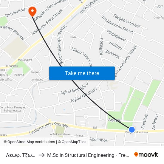 Λεωφ. Τζων Κένεντυ - Ενότητος to M.Sc in Structural Engineering - Frederick University Cyprus map