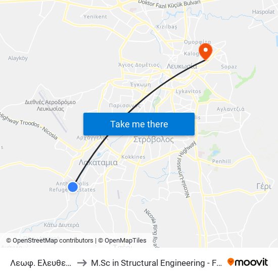 Λεωφ. Ελευθερίας - Αίγλης to M.Sc in Structural Engineering - Frederick University Cyprus map