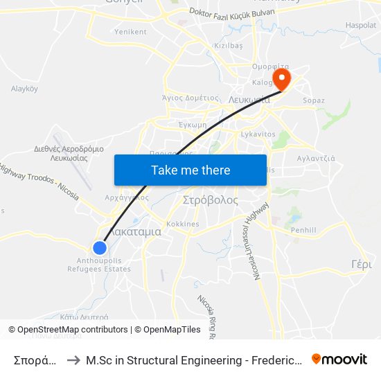 Σποράδων 1 to M.Sc in Structural Engineering - Frederick University Cyprus map