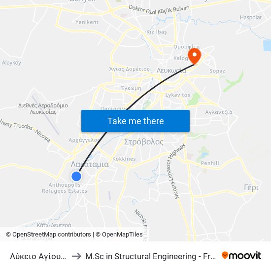 Γρ. Διγενή - Γυμν. Αγίου Γεωργίου to M.Sc in Structural Engineering - Frederick University Cyprus map