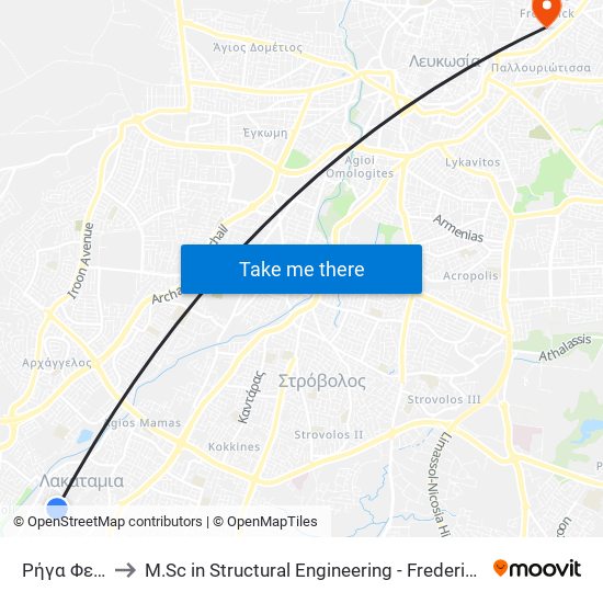 Ρήγα Φεραίου to M.Sc in Structural Engineering - Frederick University Cyprus map