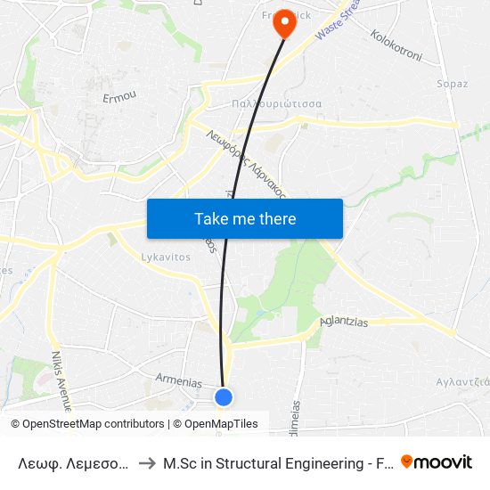 Λεωφ. Λεμεσου - Μελκονιάν to M.Sc in Structural Engineering - Frederick University Cyprus map