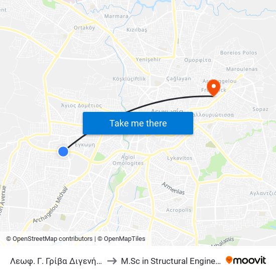 Λεωφ. Γ. Γρίβα Διγενή - Παλαιο Κοιμητήριο Έγκωμης to M.Sc in Structural Engineering - Frederick University Cyprus map
