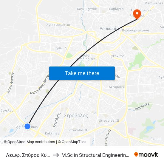 Λεωφ. Σπύρου Κυπριανού - Πεδιαίου to M.Sc in Structural Engineering - Frederick University Cyprus map